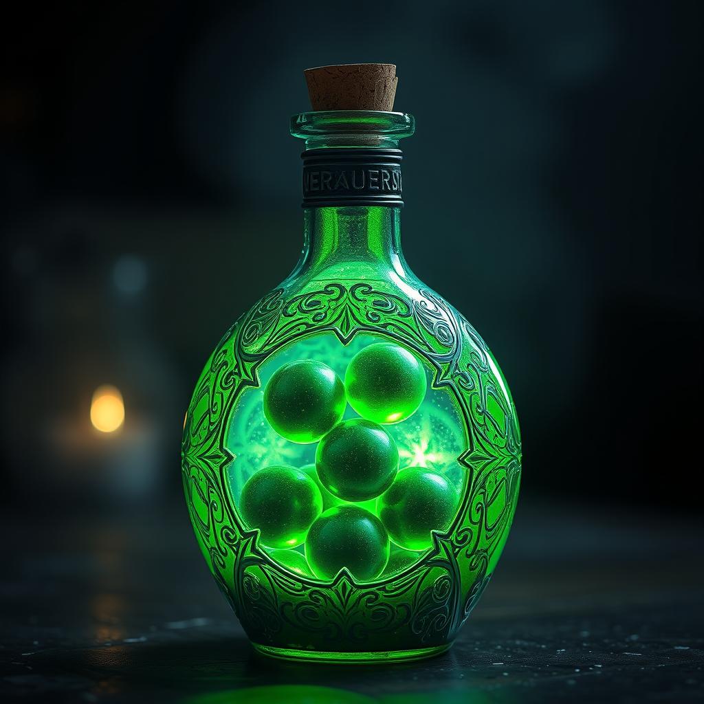 A mystical potion bottle filled with a glowing green liquid, containing several dark green balls swirling within