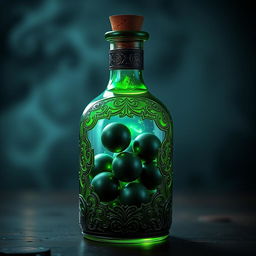 A mystical potion bottle filled with a glowing green liquid, containing several dark green balls swirling within