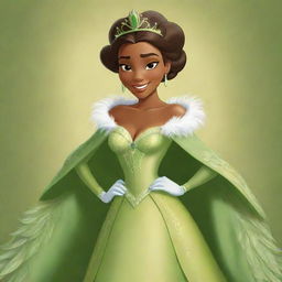 A cartoon illustration of Princess Tiana, robed in a gorgeous feathered costume. The vibrant feather details contextualize her character's southern roots and charisma.