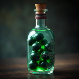 A mystical potion bottle filled with a glowing green liquid, containing several dark green balls swirling within