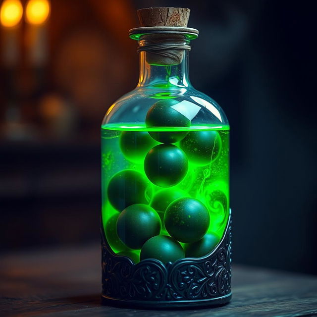 A mystical potion bottle filled with a glowing green liquid, containing several dark green balls swirling within