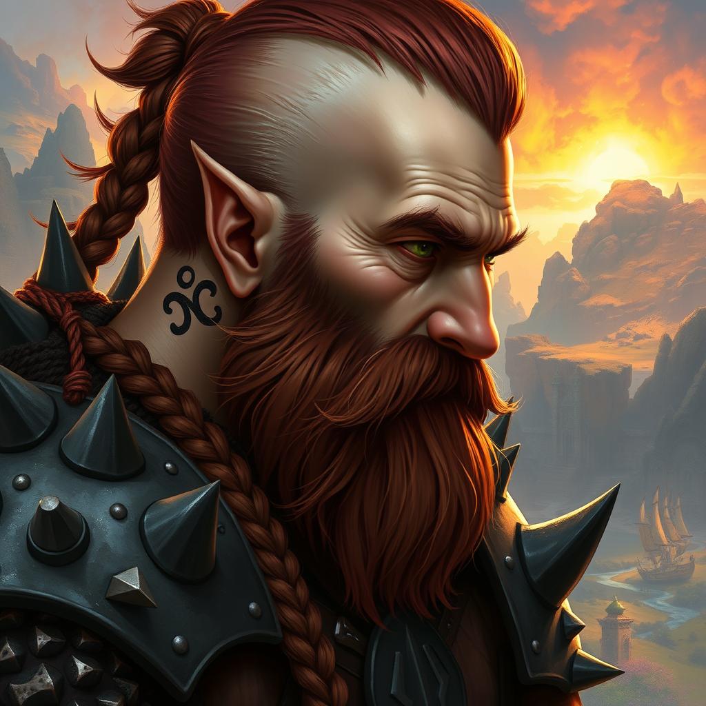 A tall dwarf featuring dark reddish-brown, slightly braided shaved hair and a braided beard, clad in spiked Viking armor without a helmet