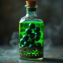 A mystical potion bottle filled with a glowing green liquid, featuring several small dark green balls swirling gracefully inside