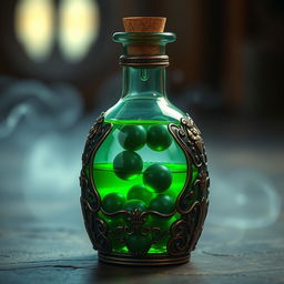 A mystical potion bottle filled with a glowing green liquid, featuring several small dark green balls swirling gracefully inside