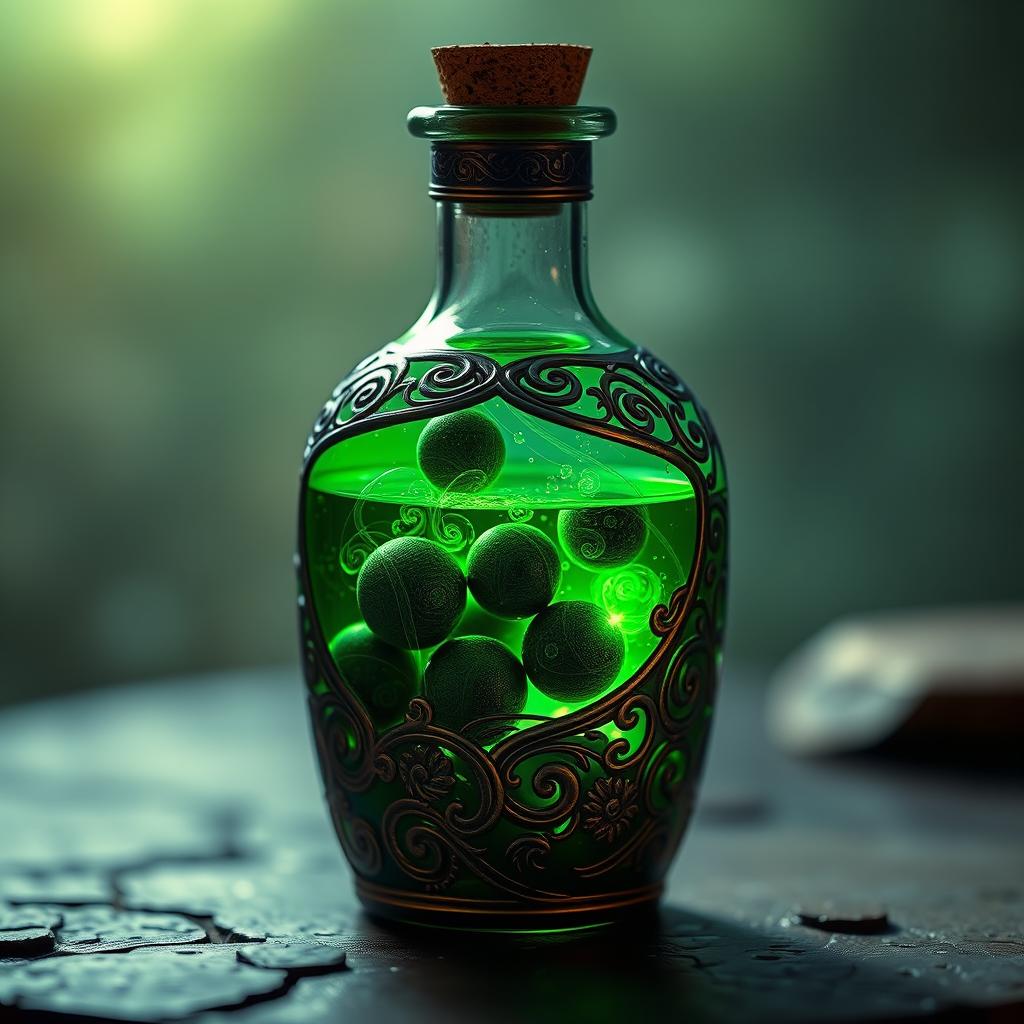 A mystical potion bottle filled with a glowing green liquid, featuring several small dark green balls swirling gracefully inside