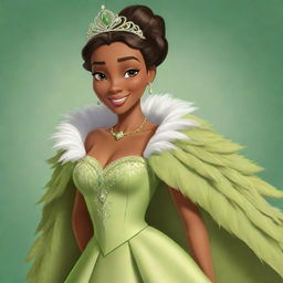 A cartoon illustration of Princess Tiana, robed in a gorgeous feathered costume. The vibrant feather details contextualize her character's southern roots and charisma.