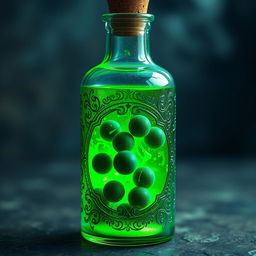 A mystical potion bottle filled with a glowing green liquid, featuring several small dark green balls swirling gracefully inside