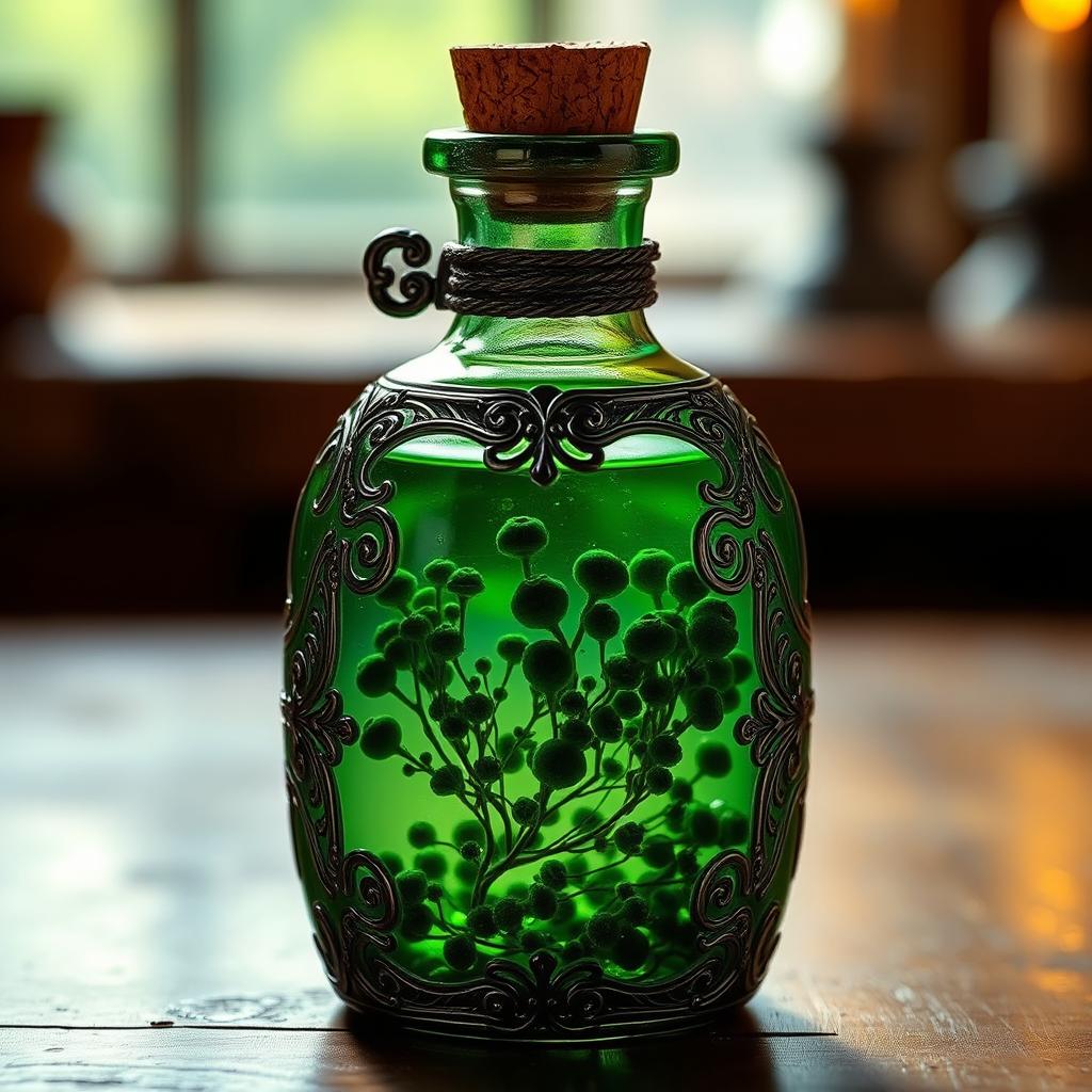 A mystical potion bottle filled with a glowing green liquid, containing small dark green algae gently floating inside