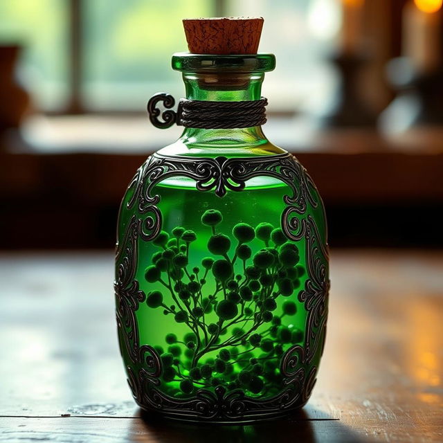 A mystical potion bottle filled with a glowing green liquid, containing small dark green algae gently floating inside