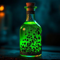 A mystical potion bottle filled with a glowing green liquid, containing small dark green algae gently floating inside