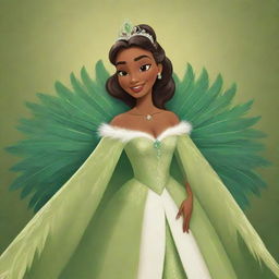 A cartoon illustration of Princess Tiana, robed in a gorgeous feathered costume. The vibrant feather details contextualize her character's southern roots and charisma.