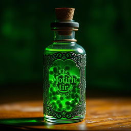 A mystical potion bottle filled with a glowing green liquid, containing small dark green algae gently floating inside