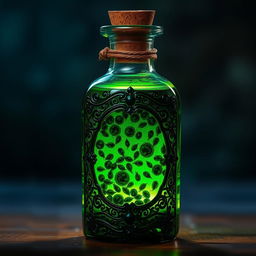 A mystical potion bottle filled with a glowing green liquid, containing small dark green algae gently floating inside