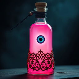 A mystical potion bottle filled with a glowing pink liquid, which intriguingly contains a single blue eye floating within