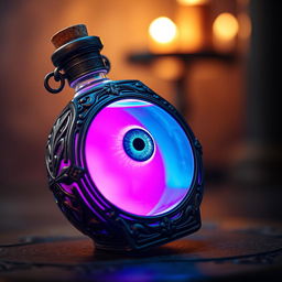 A mystical potion bottle filled with a glowing pink liquid, which intriguingly contains a single blue eye floating within