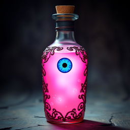 A mystical potion bottle filled with a glowing pink liquid, which intriguingly contains a single blue eye floating within