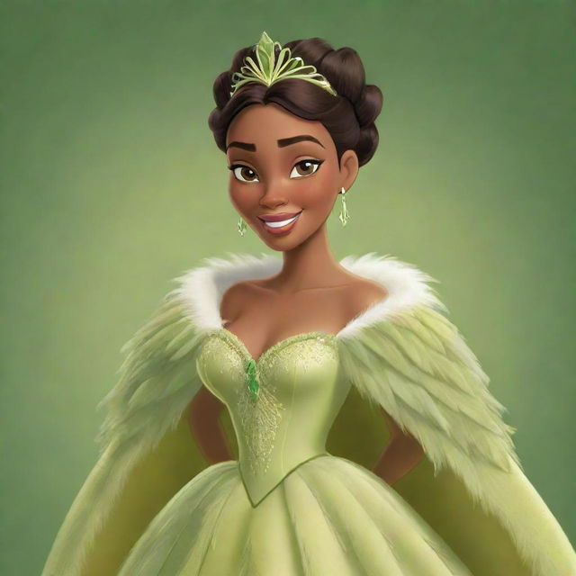 A cartoon illustration of Princess Tiana, robed in a gorgeous feathered costume. The vibrant feather details contextualize her character's southern roots and charisma.