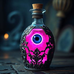 A mystical potion bottle filled with a glowing pink liquid, which intriguingly contains a single blue eye floating within