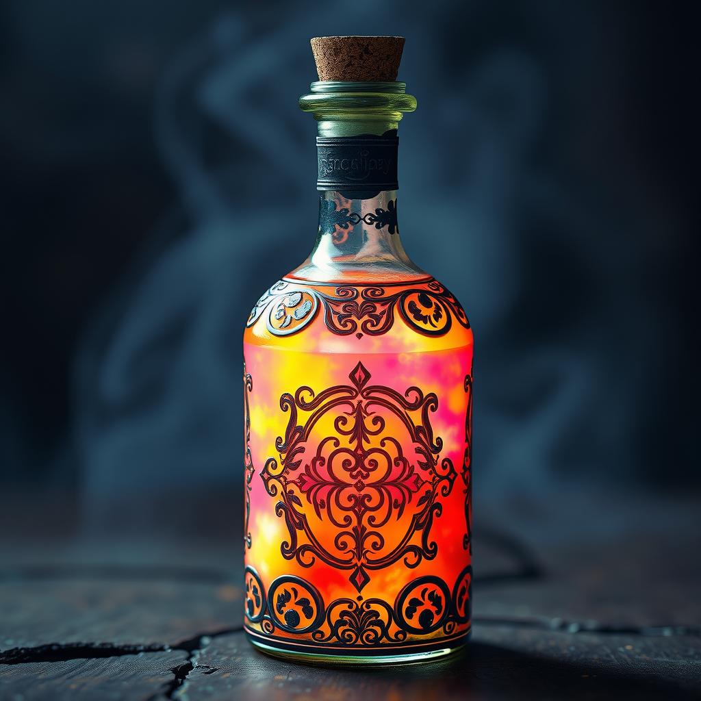 A mystical potion bottle filled with a mesmerizing glowing liquid that blends shades of pink and yellow, creating a vibrant and enchanting appearance