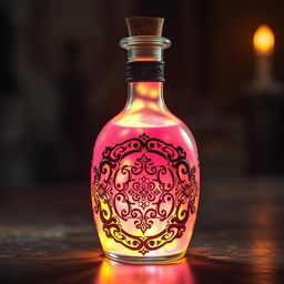 A mystical potion bottle filled with a mesmerizing glowing liquid that blends shades of pink and yellow, creating a vibrant and enchanting appearance