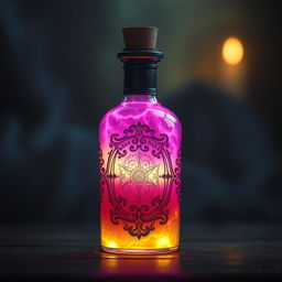 A mystical potion bottle filled with a mesmerizing glowing liquid that blends shades of pink and yellow, creating a vibrant and enchanting appearance