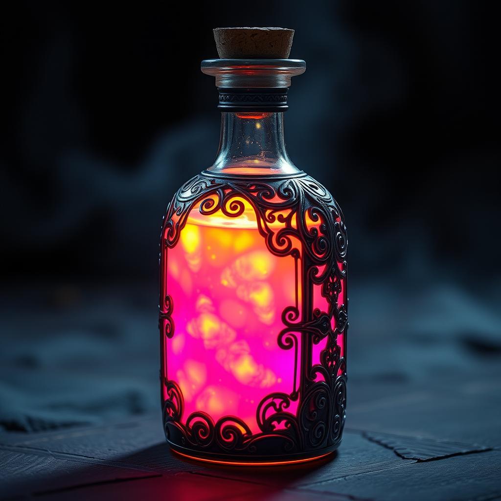 A mystical potion bottle filled with a mesmerizing glowing liquid that blends shades of pink and yellow, creating a vibrant and enchanting appearance