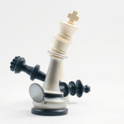 An artistic representation of a white king chess piece charging forward, appearing to crush a black king chess piece