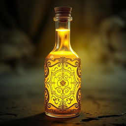 A mystical potion bottle filled with a glowing light yellow liquid that radiates a warm and enchanting aura