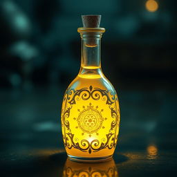 A mystical potion bottle filled with a glowing light yellow liquid that radiates a warm and enchanting aura