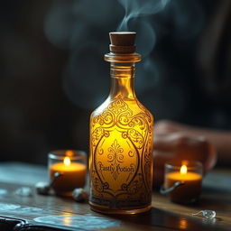 A mystical potion bottle filled with a glowing light yellow liquid that radiates a warm and enchanting aura