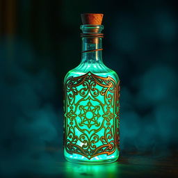 A potion bottle filled with a captivating glowing cyan liquid, radiating a mystical charm