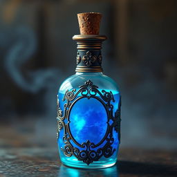 A potion bottle filled with a captivating glowing cyan liquid, radiating a mystical charm