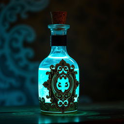 A potion bottle filled with a captivating glowing cyan liquid, radiating a mystical charm