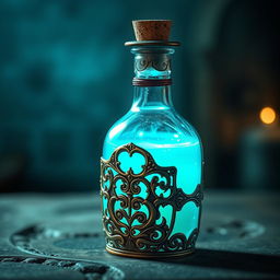 A potion bottle filled with a captivating glowing cyan liquid, radiating a mystical charm