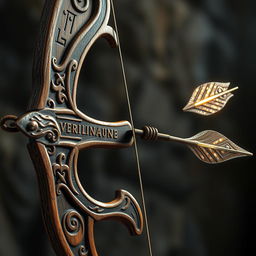 An ancient magical bow intricately crafted with a beautiful medieval design, featuring ancient words and runes engraved along the wood