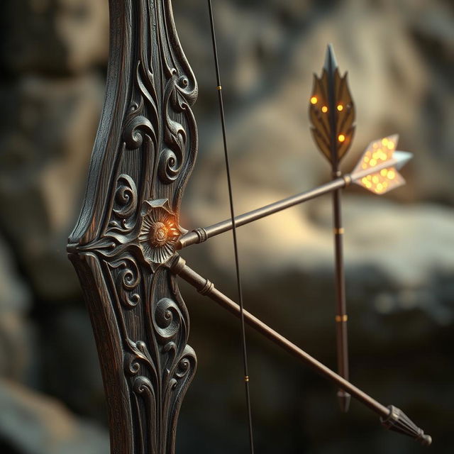 An ancient magical bow intricately crafted with a beautiful medieval design, featuring ancient words and runes engraved along the wood