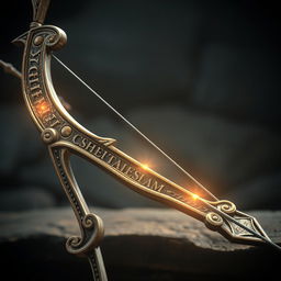 An ancient magical bow intricately crafted with a beautiful medieval design, featuring ancient words and runes engraved along the wood