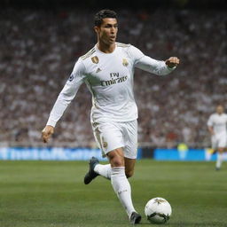 Cristiano Ronaldo in a white and gold Real Madrid jersey, mid-action during an intense game at Santiago Bernabeu Stadium.