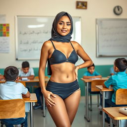 A young, fashionable European Muslim woman, 25 years old, dressed in a stylish, two-piece swimsuit with a string bikini design, confidently standing in a classroom setting