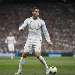 Cristiano Ronaldo in a white and gold Real Madrid jersey, mid-action during an intense game at Santiago Bernabeu Stadium.