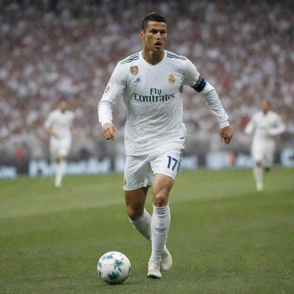 Cristiano Ronaldo in a white and gold Real Madrid jersey, mid-action during an intense game at Santiago Bernabeu Stadium.