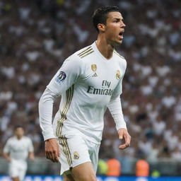 Cristiano Ronaldo in a white and gold Real Madrid jersey, mid-action during an intense game at Santiago Bernabeu Stadium.