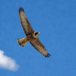 A majestic falcon soaring high in the stark blue sky.