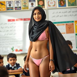 A 25-year-old Muslim female teacher wearing a modest burqa over a stylish two-piece swimsuit featuring a string bikini, stands confidently in a brightly lit classroom filled with vibrant educational posters