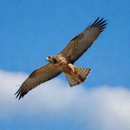 A majestic falcon soaring high in the stark blue sky.