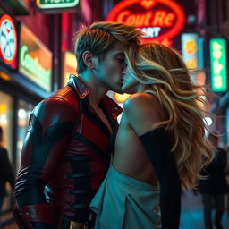 A captivating scene featuring Jason Todd, a character from the DC Comics universe, passionately kissing a woman with long, flowing blonde hair