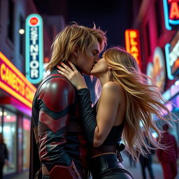 A captivating scene featuring Jason Todd, a character from the DC Comics universe, passionately kissing a woman with long, flowing blonde hair