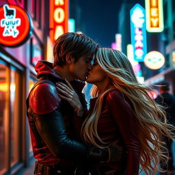 A captivating scene featuring Jason Todd, a character from the DC Comics universe, passionately kissing a woman with long, flowing blonde hair