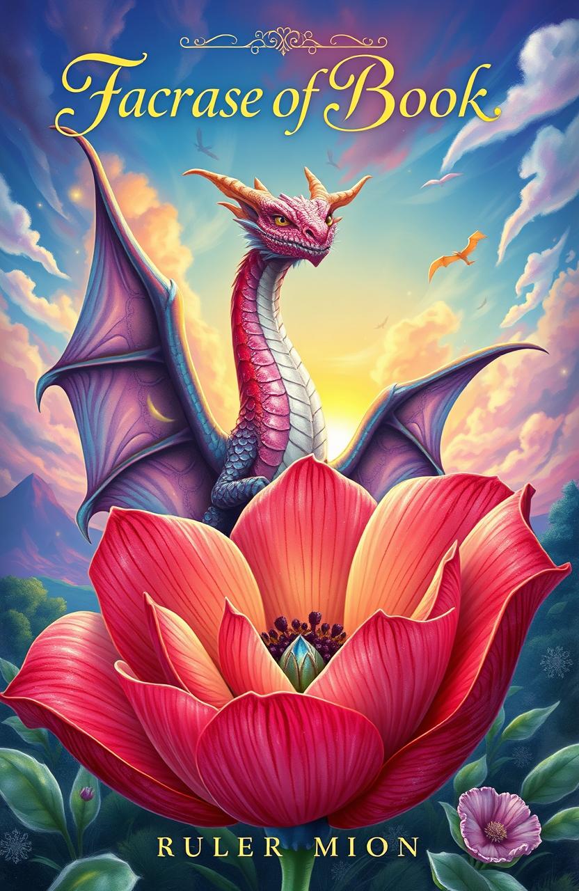 A fantasy book cover featuring a beautiful, oversized flower in vivid colors, with intricate details on its petals