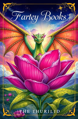 A fantasy book cover featuring a beautiful, oversized flower in vivid colors, with intricate details on its petals